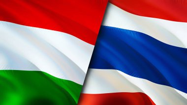 Macaristan ve Tayland bayrakları. 3 boyutlu dalgalanan bayrak tasarımı. Macaristan Tayland bayrağı, resim, duvar kağıdı. Macaristan, Tayland 'a karşı, görüntü 3 boyutlu. Macaristan Tayland ilişkileri ittifak ve ticaret, seyahat, turnuva