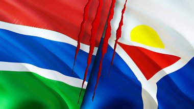 Gambiya ve Saint Martin bayrakları yara izi konseptiyle. Dalgalanan bayrak, 3 boyutlu görüntüleme. Gambiya ve Saint Martin çatışma konsepti. Gambiya Saint Martin ilişkileri kavramı. Gambiya ve Saint Marti bayrağı