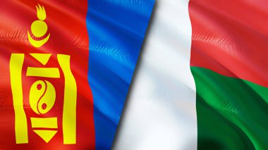 Moğolistan ve Madagaskar bayrakları. 3 boyutlu dalgalanan bayrak tasarımı. Moğolistan Madagaskar bayrağı, resim, duvar kağıdı. Moğolistan, Madagaskar 'a karşı, görüntü 3 boyutlu. Moğolistan Madagaskar ilişkileri