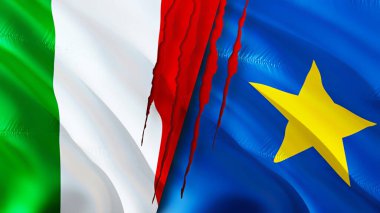 İtalya ve DR Kongo bayraklarında yara izi var. Dalgalanan bayrak, 3 boyutlu görüntüleme. İtalya ve DR Kongo çatışma konsepti. İtalya DR Kongo ilişkileri kavramı. İtalya ve DR Kongo bayrağı krizi, savaş, saldırı konsepti