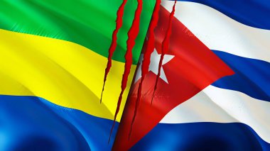 Gabon ve Küba bayrakları ve yara izi konsepti. Dalgalanan bayrak, 3 boyutlu görüntüleme. Gabon ve Küba çatışma konsepti. Gabon Küba ilişkileri kavramı. Gabon bayrağı ve Küba krizi, savaş, saldırı konsepti
