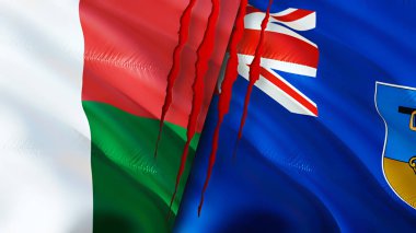 Madagaskar ve Montserrat bayrakları yara izi konseptiyle. Dalgalanan bayrak, 3 boyutlu görüntüleme. Madagaskar ve Montserrat çatışma konsepti. Madagaskar Montserrat ilişkileri kavramı. Madagaskar ve Montserra bayrağı