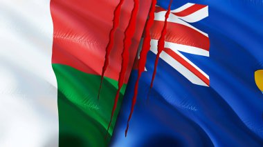 Madagaskar ve yara izi konseptli Saint Helena bayrakları. Dalgalanan bayrak, 3 boyutlu görüntüleme. Madagaskar ve Saint Helena çatışma konsepti. Madagaskar Saint Helena ilişkileri kavramı. Madagaskar ve Sain bayrağı