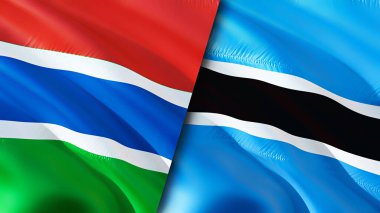 Gambiya ve Botswana bayrakları. 3 boyutlu dalgalanan bayrak tasarımı. Gambia Botswana bayrağı, resim, duvar kağıdı. Gambiya Botswana 'ya karşı, görüntü 3 boyutlu. Gambiya Botsvana ilişkileri ittifak ve ticaret, seyahat, turizm konsepti