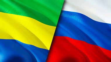Gabon ve Rusya bayrakları. 3 boyutlu dalgalanan bayrak tasarımı. Gabon Rusya bayrağı, resim, duvar kağıdı. Gabon Rusya 'ya karşı, görüntü 3 boyutlu. Gabon Rusya ilişkileri ittifak ve ticaret, seyahat, turizm konsepti