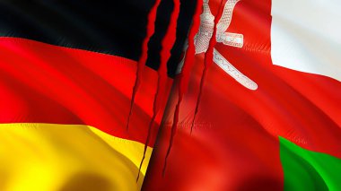 Almanya ve Umman yara izi olan bayraklar. Dalgalanan bayrak, 3 boyutlu görüntüleme. Almanya ve Umman çatışma konsepti. Almanya Umman ilişkileri kavramı. Almanya bayrağı ve Umman krizi, savaş, saldırı konsepti