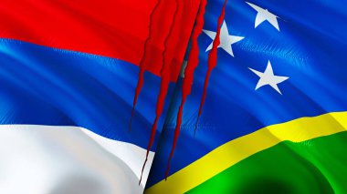 Sırbistan ve Solomon Adaları yara izi kavramına sahip bayraklar. Dalgalanan bayrak, 3 boyutlu görüntüleme. Sırbistan ve Solomon Adaları çatışma konsepti. Sırbistan Solomon Adaları ilişkileri kavramı. Sırbistan ve Solomo bayrağı