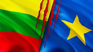 Yara izi olan Litvanya ve DR Kongo bayrakları. Dalgalanan bayrak, 3 boyutlu görüntüleme. Litvanya ve DR Kongo çatışma konsepti. Litvanya DR Kongo ilişkileri kavramı. Litvanya bayrağı ve DR Kongo krizi, savaş