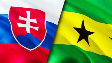 Slovakya ve Sao Tome ve Principe bayrakları. 3 boyutlu dalgalanan bayrak tasarımı. Slovakya Sao Tome ve Principe bayrağı, resim, duvar kağıdı. Slovakya, Sao Tome ve Principe 'e karşı, görüntü 3D. Slovakya Sao Tome ve