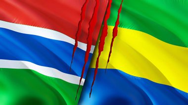 Gambia and Gabon flags with scar concept. Waving flag,3D rendering. Gambia and Gabon conflict concept. Gambia Gabon relations concept. flag of Gambia and Gabon crisis,war, attack concep