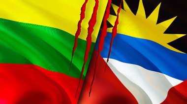 Lithuania and Antigua and Barbuda flags with scar concept. Waving flag,3D rendering. Lithuania and Antigua and Barbuda conflict concept. Lithuania Antigua and Barbuda relations concept. flag o