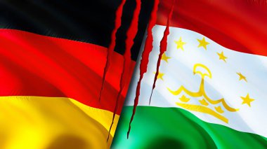 Germany and Tajikistan flags with scar concept. Waving flag,3D rendering. Germany and Tajikistan conflict concept. Germany Tajikistan relations concept. flag of Germany and Tajikistan crisis,war