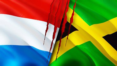 Luxembourg and Jamaica flags with scar concept. Waving flag,3D rendering. Luxembourg and Jamaica conflict concept. Luxembourg Jamaica relations concept. flag of Luxembourg and Jamaica crisis,war