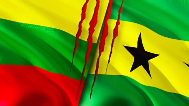 Lithuania and Sao Tome and Principe flags with scar concept. Waving flag,3D rendering. Lithuania and Sao Tome and Principe conflict concept. Lithuania Sao Tome and Principe relations concept. fla