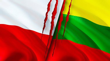Poland and Lithuania flags with scar concept. Waving flag,3D rendering. Poland and Lithuania conflict concept. Poland Lithuania relations concept. flag of Poland and Lithuania crisis,war, attac
