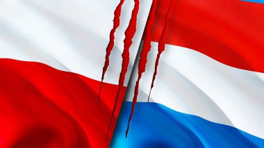 Poland and Luxembourg flags with scar concept. Waving flag,3D rendering. Poland and Luxembourg conflict concept. Poland Luxembourg relations concept. flag of Poland and Luxembourg crisis,war, attac
