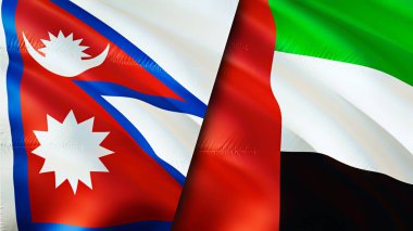 Nepal and United Arab Emirates flags. 3D Waving flag design. Nepal United Arab Emirates flag, picture, wallpaper. Nepal vs United Arab Emirates image,3D rendering. Nepal United Arab Emirate