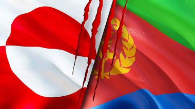 Greenland and Eritrea flags with scar concept. Waving flag,3D rendering. Greenland and Eritrea conflict concept. Greenland Eritrea relations concept. flag of Greenland and Eritrea crisis,war, attac
