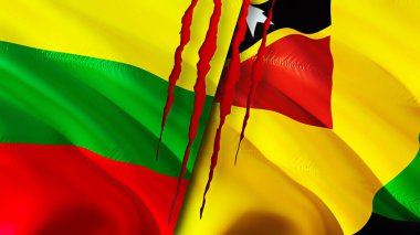 Lithuania and Nevis Island flags with scar concept. Waving flag,3D rendering. Lithuania and Nevis Island conflict concept. Lithuania Nevis Island relations concept. flag of Lithuania and Nevi