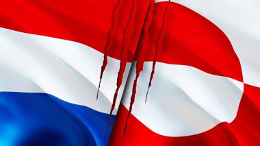 Netherlands and Greenland flags with scar concept. Waving flag,3D rendering. Netherlands and Greenland conflict concept. Netherlands Greenland relations concept. flag of Netherlands and Greenlan