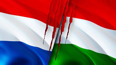 Netherlands and Hungary flags with scar concept. Waving flag,3D rendering. Netherlands and Hungary conflict concept. Netherlands Hungary relations concept. flag of Netherlands and Hungar