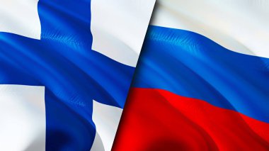 Finland and Russia flags. 3D Waving flag design. Finland Russia flag, picture, wallpaper. Finland vs Russia image,3D rendering. Finland Russia relations alliance and Trade,travel,tourism concep