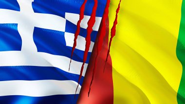Greece and Guinea flags with scar concept. Waving flag,3D rendering. Greece and Guinea conflict concept. Greece Guinea relations concept. flag of Greece and Guinea crisis,war, attack concep