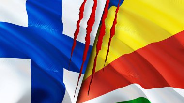 Finland and Seychelles flags with scar concept. Waving flag,3D rendering. Finland and Seychelles conflict concept. Finland Seychelles relations concept. flag of Finland and Seychelles crisis,war