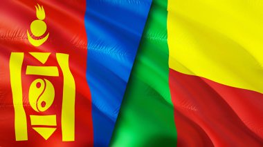 Mongolia and Benin flags. 3D Waving flag design. Mongolia Benin flag, picture, wallpaper. Mongolia vs Benin image,3D rendering. Mongolia Benin relations alliance and Trade,travel,tourism concep