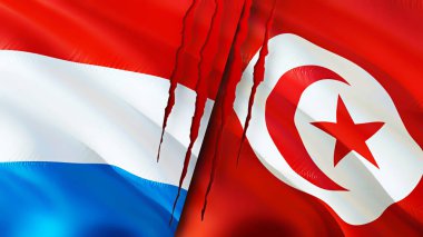 Luxembourg and Tunisia flags with scar concept. Waving flag,3D rendering. Luxembourg and Tunisia conflict concept. Luxembourg Tunisia relations concept. flag of Luxembourg and Tunisia crisis,war