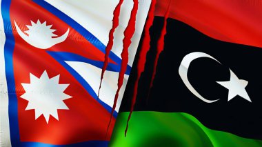 Nepal and Libya flags with scar concept. Waving flag,3D rendering. Nepal and Libya conflict concept. Nepal Libya relations concept. flag of Nepal and Libya crisis,war, attack concep