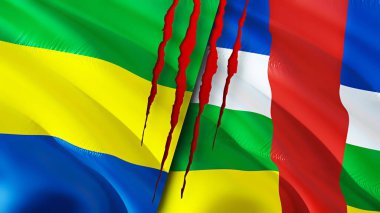 Gabon and Central African Republic flags with scar concept. Waving flag,3D rendering. Gabon and Central African Republic conflict concept. Gabon Central African Republic relations concept. flag o