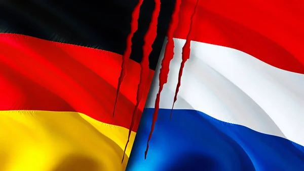 Germany and Netherlands flags with scar concept. Waving flag,3D rendering. Germany and Netherlands conflict concept. Germany Netherlands relations concept. flag of Germany and Netherland