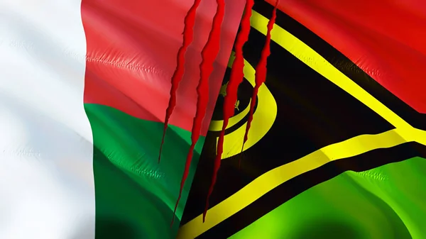 Bandeiras Madagascar Vanuatu Com Conceito Cicatriz Bandeira Ondulada Renderização Conceito — Fotografia de Stock