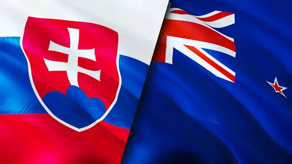 Slovakia and New Zealand flags. 3D Waving flag design. Slovakia New Zealand flag, picture, wallpaper. Slovakia vs New Zealand image,3D rendering. Slovakia New Zealand relations alliance an