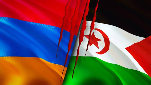 Armenia and Western Sahara flags with scar concept. Waving flag,3D rendering. Armenia and Western Sahara conflict concept. Armenia Western Sahara relations concept. flag of Armenia and