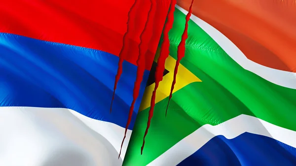 Serbia and South Africa flags with scar concept. Waving flag,3D rendering. Serbia and South Africa conflict concept. Serbia South Africa relations concept. flag of Serbia and South Afric