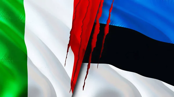 Italy and Estonia flags with scar concept. Waving flag,3D rendering. Italy and Estonia conflict concept. Italy Estonia relations concept. flag of Italy and Estonia crisis,war, attack concep