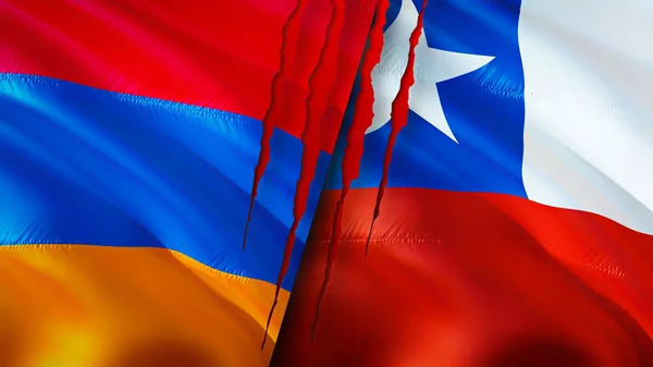 Armenia and Chile flags with scar concept. Waving flag,3D rendering. Armenia and Chile conflict concept. Armenia Chile relations concept. flag of Armenia and Chile crisis,war, attack concep