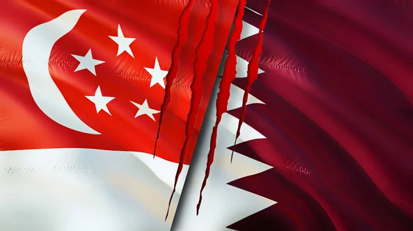 Singapurská Katarská Vlajka Konceptem Jizvy Vlnění Vlajky Vykreslování Koncept Konfliktu — Stock fotografie