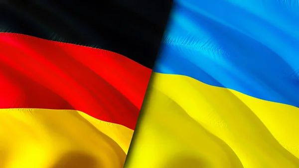 Germany and Ukraine flags. 3D Waving flag design. Germany Ukraine flag, picture, wallpaper. Germany vs Ukraine image,3D rendering. Germany Ukraine relations alliance and Trade,travel,tourism concep