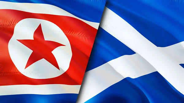 North Korea and Scotland flags. 3D Waving flag design. North Korea Scotland flag, picture, wallpaper. North Korea vs Scotland image,3D rendering. North Korea Scotland relations alliance an