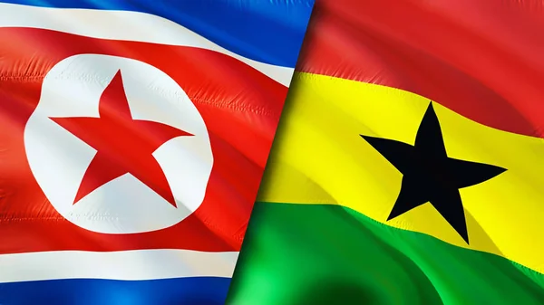 North Korea and Ghana flags. 3D Waving flag design. North Korea Ghana flag, picture, wallpaper. North Korea vs Ghana image,3D rendering. North Korea Ghana relations alliance and Trade,travel,touris