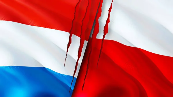 Luxembourg Poland Flags Scar Concept Waving Flag Rendering Luxembourg Poland — Foto Stock