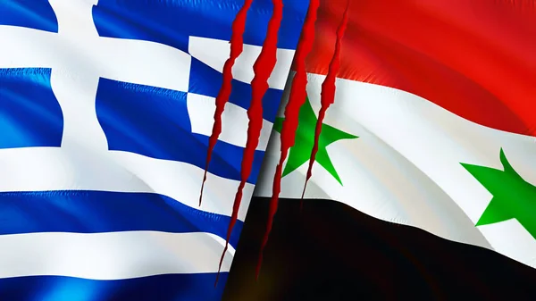 Greece and Syria flags with scar concept. Waving flag,3D rendering. Greece and Syria conflict concept. Greece Syria relations concept. flag of Greece and Syria crisis,war, attack concep