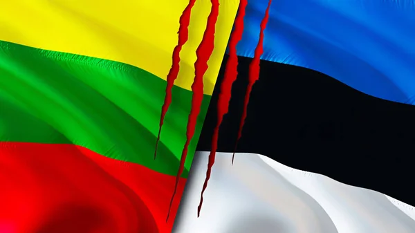 Lithuania and Estonia flags with scar concept. Waving flag,3D rendering. Lithuania and Estonia conflict concept. Lithuania Estonia relations concept. flag of Lithuania and Estonia crisis,war, attac