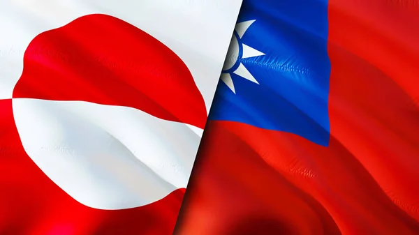 Greenland and Taiwan flags. 3D Waving flag design. Greenland Taiwan flag, picture, wallpaper. Greenland vs Taiwan image,3D rendering. Greenland Taiwan relations alliance and Trade,travel,touris