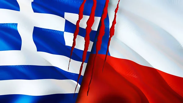 Greece and Chile flags with scar concept. Waving flag,3D rendering. Greece and Chile conflict concept. Greece Chile relations concept. flag of Greece and Chile crisis,war, attack concep