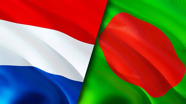 Netherlands and Bangladesh flags. 3D Waving flag design. Netherlands Bangladesh flag, picture, wallpaper. Netherlands vs Bangladesh image,3D rendering. Netherlands Bangladesh relations alliance an