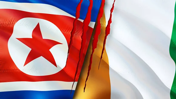 North Korea and Cote d\'Ivoire flags with scar concept. Waving flag,3D rendering. North Korea and Cote d\'Ivoire conflict concept. North Korea Cote d\'Ivoire relations concept. flag of North Korea an
